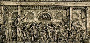 Milagro del recién nacido que habla, altar de San Antonio, relieve en bronce de Donatello, basílica de San Antonio de Padua, Padua, Véneto, Italia, xilografía de Le cento citta d