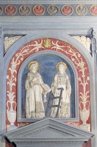 San Lorenzo y San Esteban, escultura en bajo relieve sobre la puerta norte, c.1440 (terracota) de Donatello