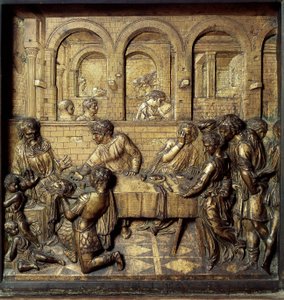 El banquete de Herodes Antipas II (21 a.C.-39 d.C.). Detalle del relieve inferior de la pila bautismal realizada por Donato di Niccolò di Betto Bardi, conocido como Donatello (1386-1466) de Donatello