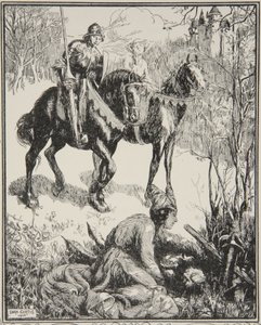 Una dama llorando amargamente, ilustración de "Historias del Rey Arturo y la Mesa Redonda" de Beatrice Clay de Dora Curtis
