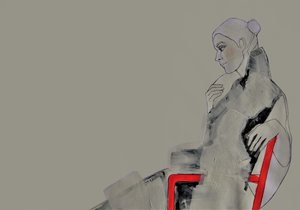 Mujer contemplativa vestida de rojo