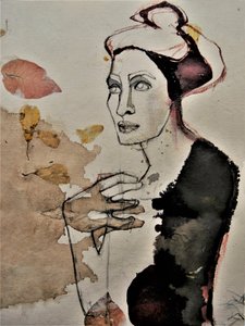 Mujer pensativa con hojas de Doris Schmitz