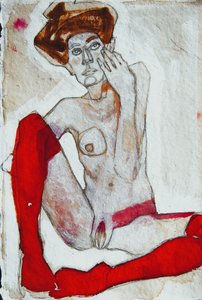 Desnudo sentado con calcetines rojos de Doris Schmitz