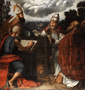 Disputa de cuatro Padres de la Iglesia sobre la Inmaculada Concepción, 1541 de Dosso Dossi