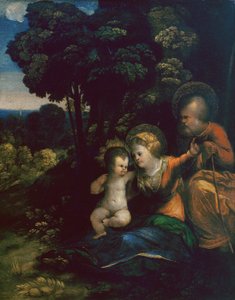 Descanso en la huida a Egipto, por Dosso Dossi, en la Galería Uffizi en Florencia