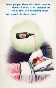 Alcoholismo: hombre durmiendo con la boca abierta soñando con cerveza (litografía en color)