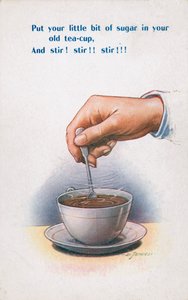 Revolviendo azúcar en una taza de té (litografía en color)