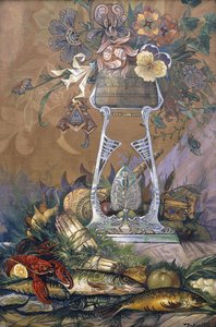 Flores en un Jarrón sobre un Soporte con Espárragos, Langostas, Ostras y Pescado de Dragutin Inkiostri Medensak