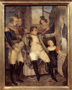 Retrato de Napoleón I (1769-1821) delante del retrato de su hijo el Rey de Roma Napoleón II (1811-1832) ofrecido por sus compañeros de exilio en la isla de Santa Elena Peinture de Dubreuil (1799-1850) de Dubreuil