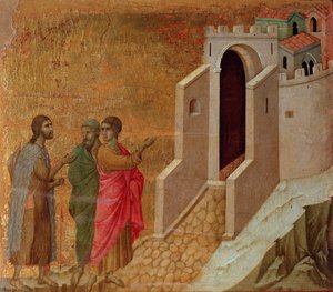 Cristo y los peregrinos a las puertas de la ciudad de Emaús (retablo de La Maestà) de Duccio di Buoninsegna