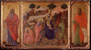 Vida de Cristo: Huida a Egipto con los profetas Jeremías y Oseas. Predela de la Maestà