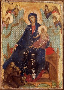La Madonna de los Franciscanos o Madonna con niño con monjes franciscanos y ángeles. Temple sobre madera de Duccio di Buoninsegna (1255-1318/9) 1300. Siena, Pinacoteca nacional de Duccio di Buoninsegna