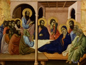 La Virgen despidiéndose de los apóstoles, detalle de la Maestà del retablo de Duccio en la Catedral de Siena de Duccio di Buoninsegna