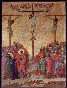 La crucifixión. A los lados, el buen ladrón (Dimas) y el ladrón impenitente (Gestas). Retablo de la Maestà de Duccio di Buoninsegna