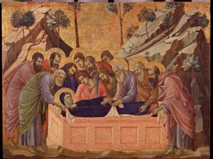 La dormición de la Virgen (predela de La Maestà) de Duccio di Buoninsegna