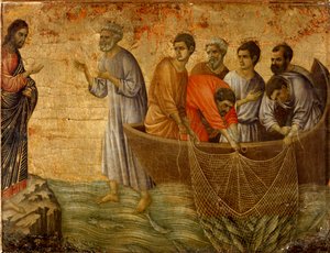 El segundo pecado milagroso: la aparición de Cristo a los apóstoles en el lago Tiberíades de Duccio di Buoninsegna