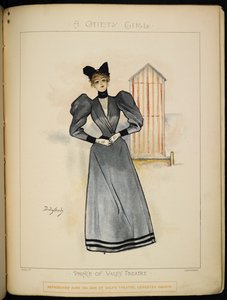 Un personaje femenino, en un cambiador móvil, en la playa. de Dudley Hardy