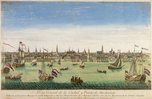 Vista General del Puerto y la Ciudad de Ámsterdam, grabado por D.G. Hucquier, siglo XVI de Dutch School