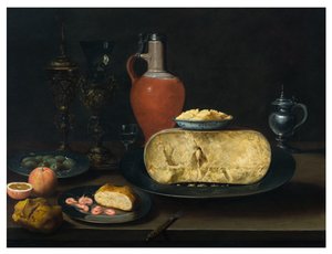 Un bodegón con queso, mantequilla, pan, gambas, naranjas, aceitunas y vino en una mesa de Dutch School
