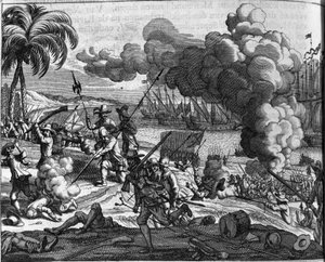 Colonización: las flotas holandesas persiguiendo a los portugueses de Ceilán (actual Sri Lanka) en 1658. Impresión holandesa de 