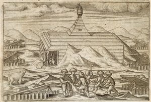 Tripulación matando y desollando osos, fuera de la cabaña en la que invernó la expedición, ilustración del 