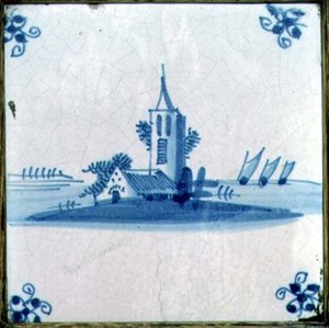 Azulejo de Delft mostrando una iglesia con tres velas de barcaza