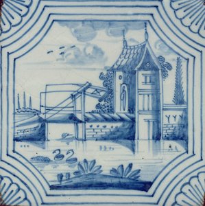 Azulejo de Delft que muestra un puente levadizo sobre un canal, siglo XIX de Dutch School