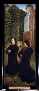""Dos donantes, miembros de un gremio de zapateros"" Pintura sobre madera de la escuela holandesa del siglo XV (maestro de San Crispín) Principios del siglo XVI Museo Pushkin, Moscú de Dutch School