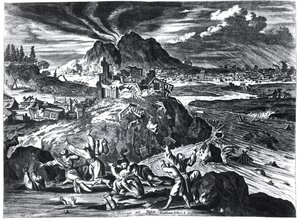 Terremoto en Edo (Tokio) en 1659, ilustración del relato de Arnold Montanus sobre las embajadas enviadas por la Compañía Holandesa de las Indias Orientales al Emperador de Japón, publicado en Ámsterdam en 1669 de Dutch School