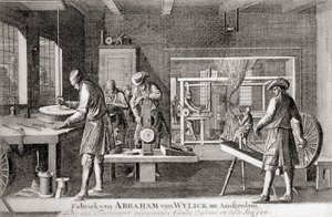 Fábrica de Abraham van Wylick, Industria de la seda de Amsterdam, de "Geschiedenis van Nederland", publ. 1936 (litografía) de Dutch School