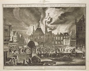Incendio en el antiguo Ayuntamiento de Ámsterdam, 17 de julio de 1652, de un libro sobre la lucha contra incendios en Holanda, publicado c.1700 de Dutch School