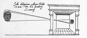 Primera ilustración publicada de una cámara oscura observando un eclipse solar en enero de 1544 de Dutch School