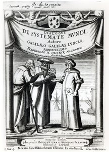 Frontispicio de Dialogus De Systemate Mundi por Galileo (1564-1642), publicado en Leiden 1635 de Dutch School