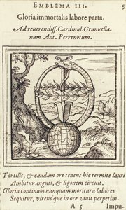 Gloria immortalis labore parta, ilustración de Emblemata por Hadrianus Junius, publicado por Christophe Plantin, Anvers, 1565 de Dutch School