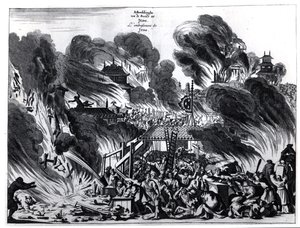 Gran incendio en Yedo (Tokio) en el siglo XVII, ilustración del relato de Arnold Montanus sobre las embajadas enviadas por la Compañía Holandesa de las Indias Orientales al Emperador de Japón, publicado en Ámsterdam en 1680 de Dutch School