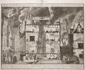 Ilustración que muestra cómo las nuevas mangueras largas de incendios podían alcanzar todas las partes de un edificio, de un libro sobre la lucha contra incendios en Holanda, publicado c.1700 de Dutch School