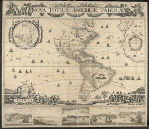 Mapa de América, Mesa Nova totius Americae, [con Vistas de] Panamá, Caput S. Augustini, Nueva Amsterdam, S. Salvador, Nombre D. Dios. Dibujado por J. Mathysz