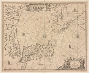 Mapa de Japón, una descripción nueva y precisa de Japón, la tierra de Eson y las islas adyacentes de Snowy Discovery de Dutch School