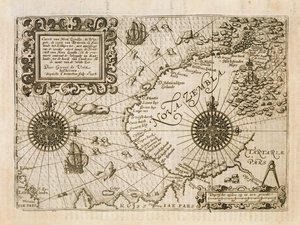 Mapa de la recién descubierta Nova Zembla, ilustración de Diarium Nauticum, seu vera descriptio trium navigationum admirandarum... por Gerrit de Veer, 1598