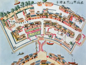 Plano de la fábrica holandesa en la isla de Desima en Nagasaki, de Illustrations of Japan por Isaac Titsingh, publicada en Londres, 1822