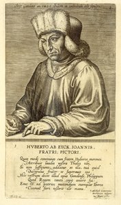 Retrato de Hubert van Eyck, placa 1 de una serie de retratos de artistas, grabado por Theodor Galle