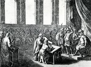 Ptolomeo Filadelfo, Rey de Egipto, convoca a 72 hombres de Judea para traducir la ley judía al griego, c.1700 de Dutch School
