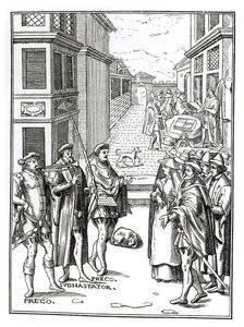 Venta por pregonero, después de un grabado en Praxis Rerum Civilium de Joos de Damhouder (1507-81) publicado en Amberes, 1557 de Dutch School