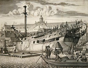 Barco que se incendió frente al Arsenal Marino de la Compañía Holandesa de las Indias Orientales de Dutch School