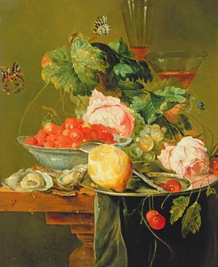 Naturaleza muerta de rosas, ostras, fresas en un cuenco de porcelana y otras frutas en utensilios de peltre, c.1820