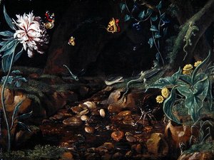 Arroyo en un valle con flores y reptiles de Dutch School