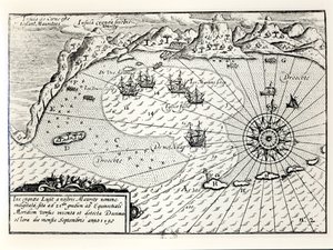 La llegada de la flotilla del vicealmirante Wybrandt Van Warwijck al puerto sureste de Mauricio en septiembre de 1598 de Dutch School