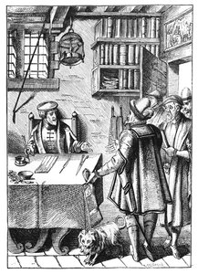 El recaudador de impuestos, después de un grabado en Praxis Rerum Civilium de Joos de Damhouder (1507-81) publicado en Amberes, 1557 de Dutch School