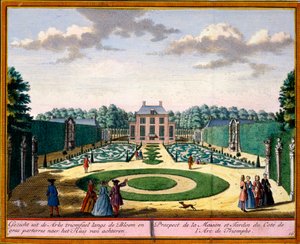 Vista de la casa y el jardín cerca del arco triunfal, de Het Zeganpralent Kennemerlant por Hendrick de Leth y Matthias Brouerius Van Nidek, publicado c.1700-30 de Dutch School