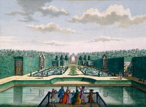 Vista del parterre y el arco triunfal, Meerestein, de Het Zeganpralent Kennemerlant por Hendrick de Leth y Matthias Brouerius Van Nidek, publicado c.1700-1730 de Dutch School